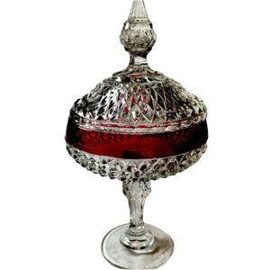 Vintage Indiana Glass Diamond Point Ruby Red Flash Compote Pedestal Candy Dish